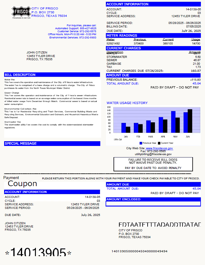 USA City of Frisco utility bill template in Word and PDF formats